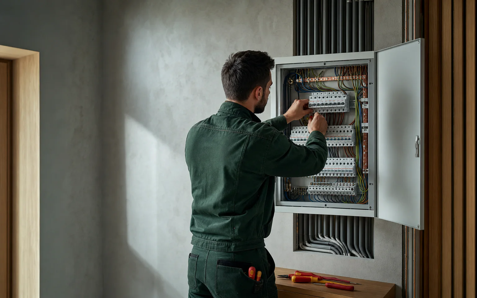 Predstavitveni prizor električarja ob stanovanjski razdelilni omarici