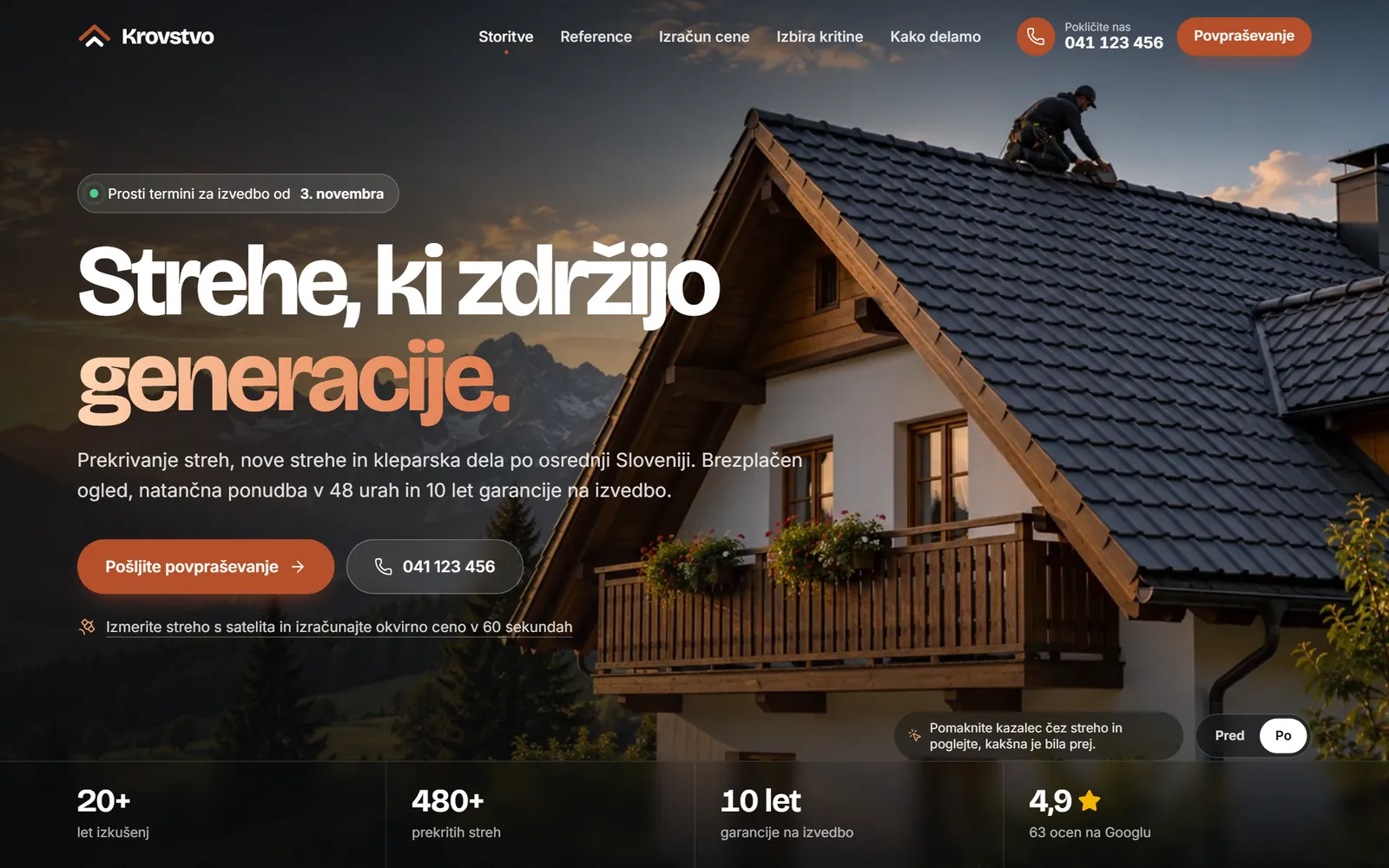 Koncept strani krovskega podjetja s hišo z novo streho v večerni svetlobi in naslovom Strehe, ki zdržijo generacije.